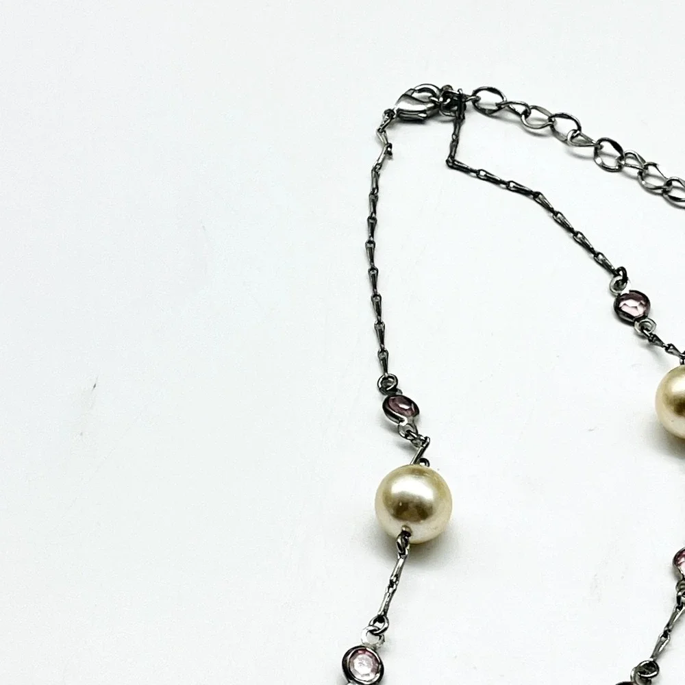 Signed Monet Necklace Silver Tone Pink Rhinestone Faux Pearl Station Vintage